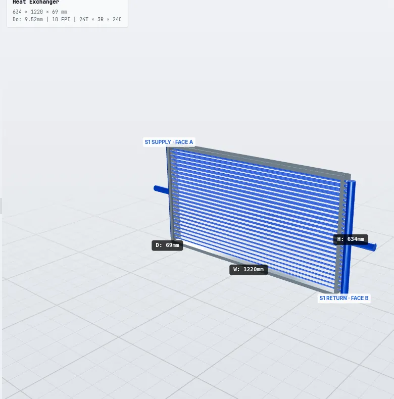 3D model of a dry cooler coil with supply and return connections generated by ExCoil