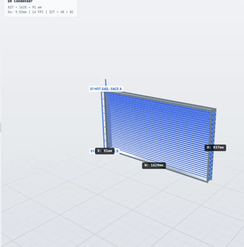 3D model of a finned-tube condenser coil with hot gas inlet and liquid outlet generated by ExCoil