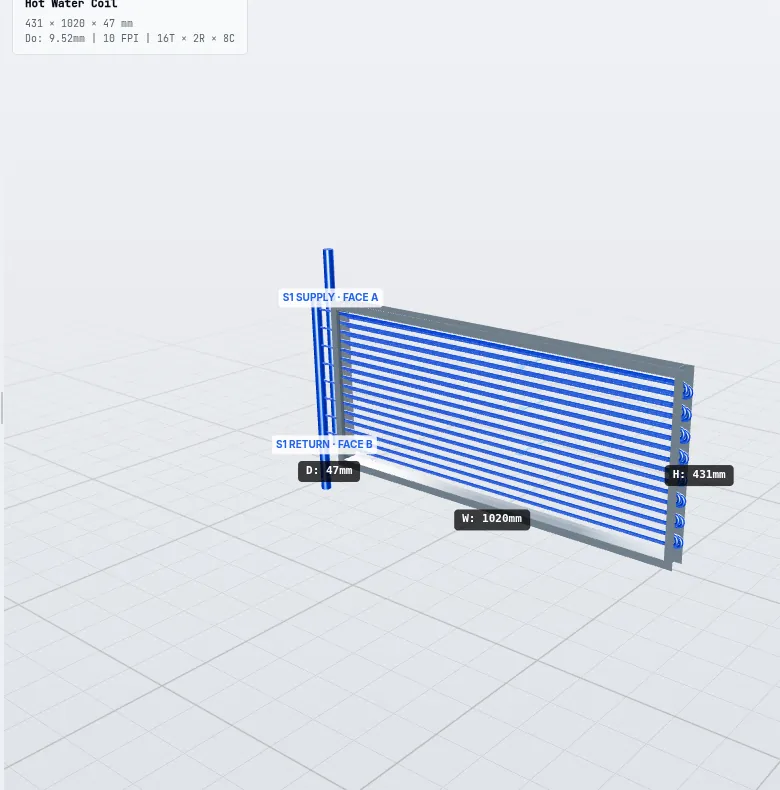 3D model of a hot water heating coil with supply and return connections generated by ExCoil