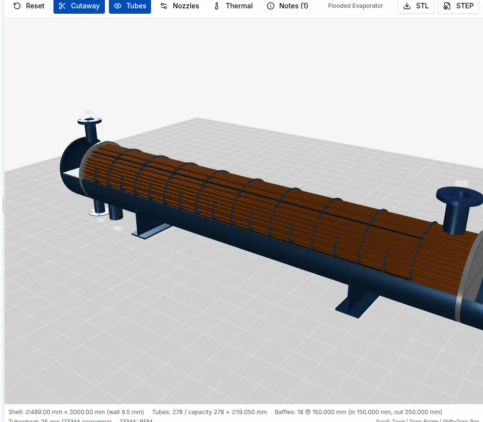 3D cutaway of a shell-and-tube heat exchanger with tube bundle, baffles, nozzles and saddles generated by ExCoil