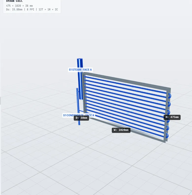 3D model of a steam coil with steam inlet and condensate outlet generated by ExCoil