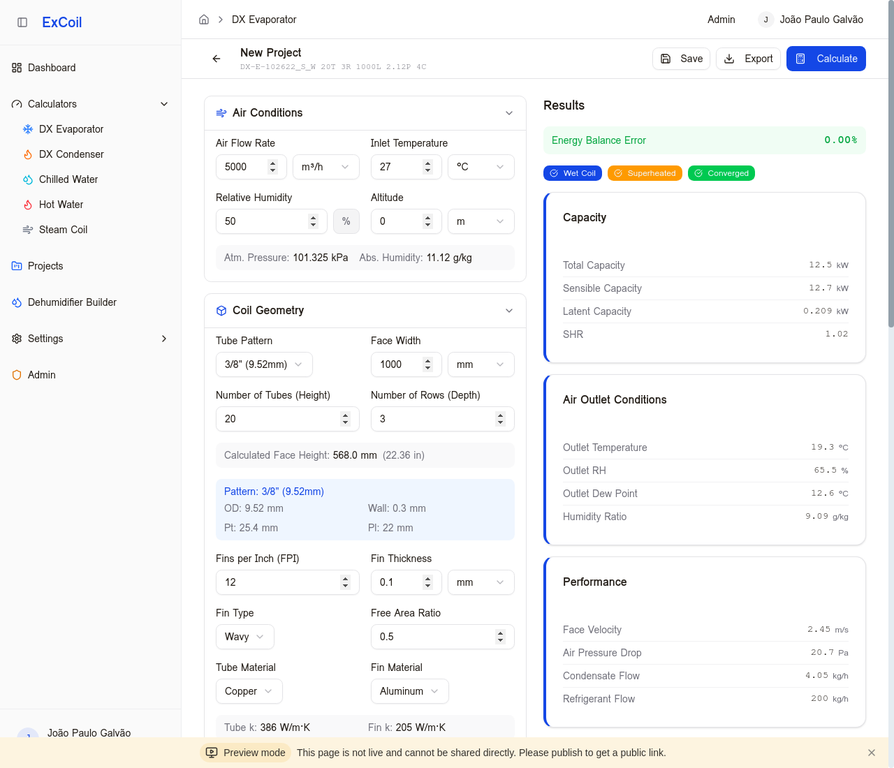 DX Evaporator Calculator showing thermal analysis results